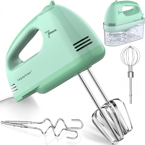 LILPARTNER Electric Hand Mixer with Storage Box, Ultra Power Kitchen Hand Mixer With 7-Speed & 5 Stainless Steel Accessories for Whipping Dough, Cream, Cake, Dishwasher Safe, LIGHT GREEN BOX