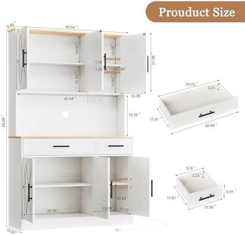 Shintenchi Pantry Cabinet with Charging Station, 70” Tall Kitchen Storage Cabinet with Microwave Stand, Storage Drawers & Adjustable Shelves, Large Capacity Kitchen Hutch for Dining Room, White