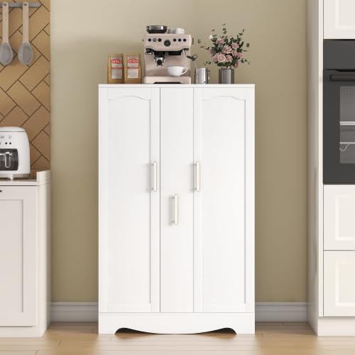 kepptory 47" Kitchen Pantry Cabinet with Drawer, Freestanding Food Storage Cabinet with Doors and Adjustable Shelves, Floor Cupboard Organizer for Dining Room White