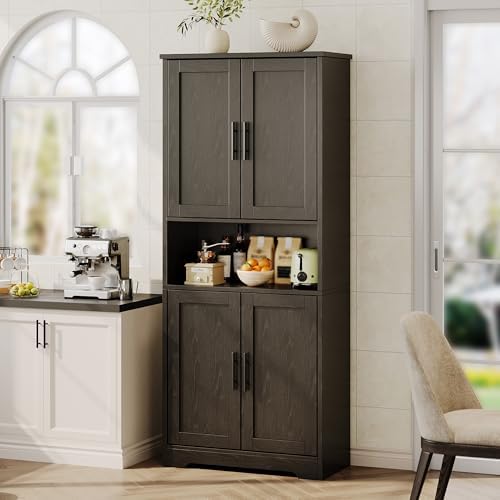 70" Kitchen Pantry Storage Cabinet, Freestanding Buffet Cabinet with Microwave Stand & 4 Door Shelves, Kitchen Hutch with Doors, Adjustable Shelves and Wine Rack, Black.