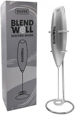 BlendWell Electric Milk Frother for Matcha and Coffee, Handheld Battery Operated Drink Mixer with Stand, Stainless Steel Whisk, Silver