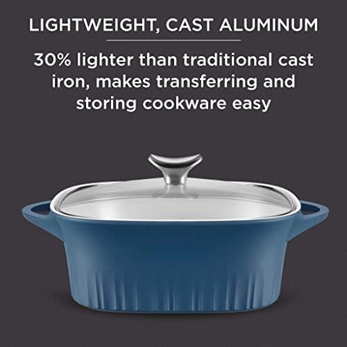 CorningWare QuickHeat 3.2-QT Cast Aluminum Roaster With Lid & Non-Stick Ceramic Interior, Lightweight and Fast Even Heat Baking & Cooking, For Meats, Soup, Browning, Searing, French Navy