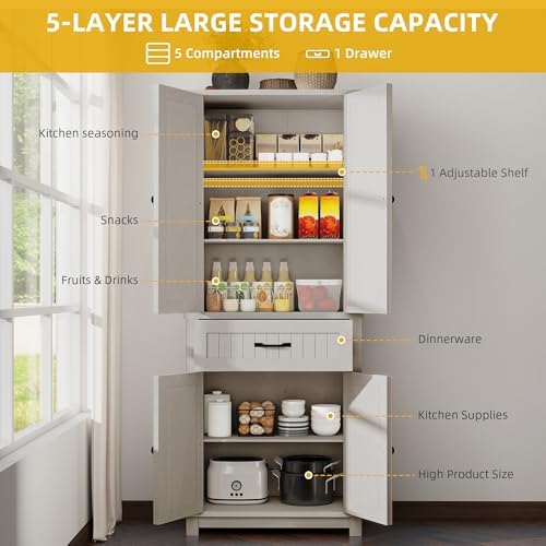 DWVO 72" Kitchen Storage Cabinet with Drawer and Adjustable Shelves, White