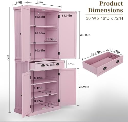 ARTPOWER 72" Tall Freestanding Pantry & Kitchen Storage Cabinet, Pink