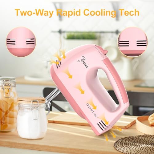 LILPARTNER Electric Hand Mixer with Storage Box, Ultra Power Kitchen Hand Mixer With 7-Speed & 5 Stainless Steel Accessories for Whipping Dough, Cream, Cake, Dishwasher Safe, LIGHT PINK BOX