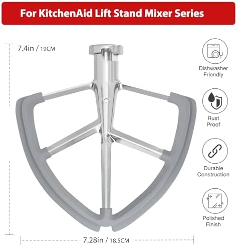 6QT Stainless Steel Flex Edge Beater for KitchenAid Mixer Professional 6 Quart Paddle Attachment Compatible with Kitchen Aid Accessories KD2661X, KP2671X with Silicone Edges Scraper