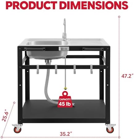 Feasto 35" Movable Outdoor Grill Cart with Stainless Steel Sink & Faucet