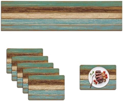 Mcalk Farmhouse Table Runner and Placemats Set of 6, Teal and Brown Wooden Texture Rectangle Cloth Place Mats Indoor, Washable Linen Material for Living Table