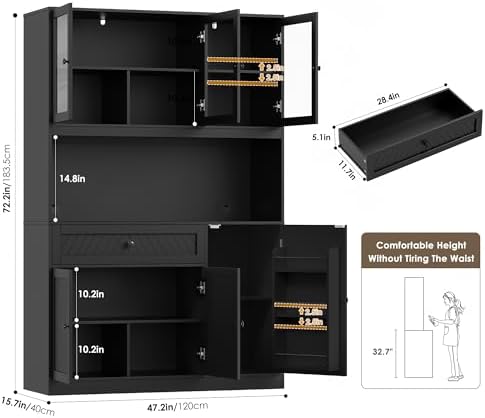 BOTLOG 72” Tall Kitchen Pantry Storage Cabinet, Modern White Kitchen Hutch with Large Storage Drawer, Countertop, Adjustable Shelves, Food Pantry Cabinets for Dining Room, Living Room (Black)