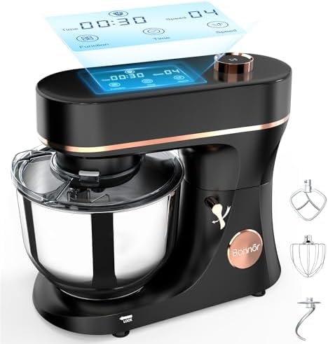 Stand Mixer 6QT Kitchen Mixer with LED Smart Touchscreen, 11-Speed Tilt-Head Mixer with Timer, 4 Preset Menus, Stainless Steel Bowl, Dough Hook, Whisk, Beater (Black, 6Qt)
