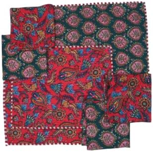 Cotton Block Print Quilted Reversible Placemats with Napkins, Floral Design, Dining Table Decor for Everyday Use, Set of 4 (Teal/Red)