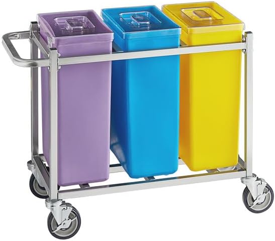 30 Gallon Mobile Triple Ingredient Storage Bin, Yellow/Blue/Purple, Polyethylene Construction, 480 Cup Capacity, with Cart and Clear Lids, 36.5x17x29 Inches
