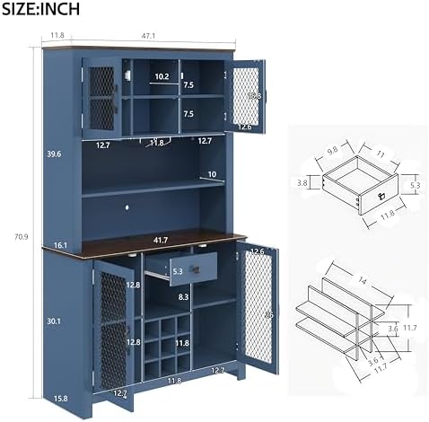 Merax 70.9" Tall Kitchen Pantry Storage Cabinet with Charging Station and LED Lights, Rustic Kitchen Hutch Food Pantries with Wine Rack, Drawer & Adjustable Shelves for Dining Room, Navy Blue