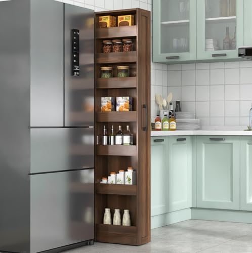 KEIKI 7 Tier Pull-Out Kitchen Pantry Storage Cabinet, Multi-Tier Single-sided Open Shelf, Spice Rack Next to Fridge, Freestanding Wood Hutch Food Pantries Cupboard for Dining Room, Narrow Spaces