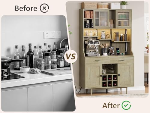 Einhomn 71" Kitchen Pantry Cabinet with UL Charging Station, 3 Adjustable Shelves, App-Dimmable LED Light, Wine Rack, Farmhouse Style, Buffet Cabinet for Kitchen/Dining/Living, Natural Wood
