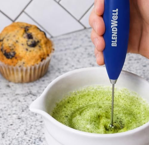 BlendWell Electric Milk Frother for Matcha and Coffee, Handheld Battery Operated Drink Mixer with Stand, Stainless Steel Whisk, Blue