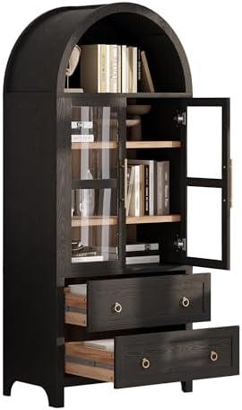 Merax 71" Tall Arched Farmhouse Pantry Cabinet with Glass Doors & 2 Large Drawers - Adjustable Shelves, Modern Kitchen Storage Cupboard for Dining Room, Living Room (30" W x 15.75" D), Black