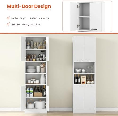 GIANTEX Kitchen Pantry Cabinet, 75” Tall Freestanding Cupboard with Doors & Shelves, Safety Hinges & Anti-Tipping Devices, Storage Sideboard for Dining Room, Living Room (White)