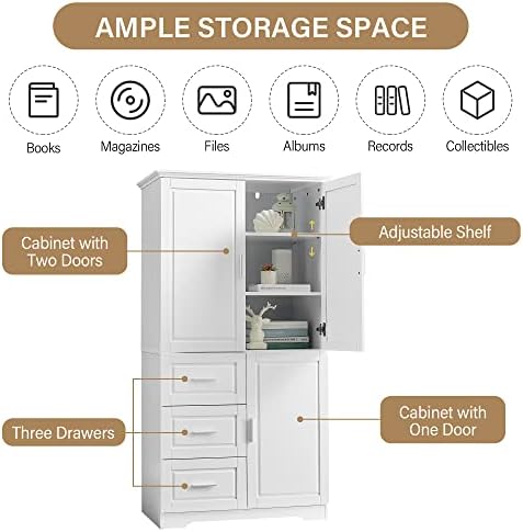 Merax 62.2" Pantry Cabinet with Three Doors & Three Drawers, Adjustable Shelves Storage Cupboard for Kitchen/Dining Room/Bathroom, White
