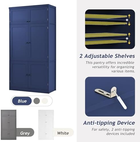 Merax 80" Tall Kitchen Pantry Cabinet with 2 Power Outlets, 41" W Modern Large Freestanding Cupboard with Microwave Stand, Drawers, Adjustable Shelves, Wine Racks & Door-Shelf for Dinner Room, Blue