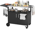 Vongrasig Outdoor Grill Cart, Patio Kitchen Island with Storage, Outdoor Bar Table BBQ Cart Pizza Oven Table with Foldable Stainless Steel Top & Wheels, Black