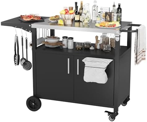 Vongrasig Outdoor Grill Cart, Patio Kitchen Island with Storage, Outdoor Bar Table BBQ Cart Pizza Oven Table with Foldable Stainless Steel Top & Wheels, Black