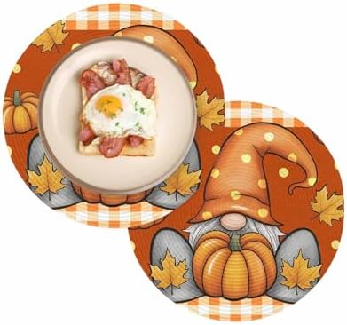 Fall Round Placemats Set of 2 Thanksgiving Pumpkin Gnome Place Mats Washable Woven Placemat Maple Leaf Orange Buffalo Plaid Circle Braided Table Mat for Kitchen Dining Holiday Party Fall Decor 15 Inch