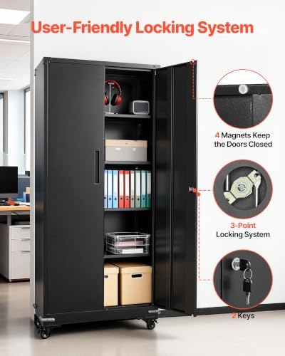 VEVOR Metal Storage Cabinet 72.6 in Rolling Steel Garage Cabinet Black
