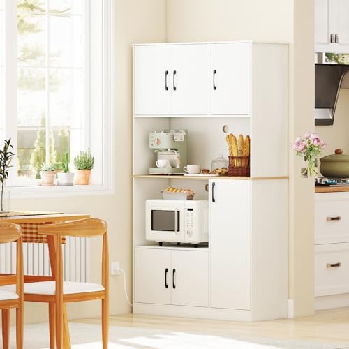 Giantex Kitchen Pantry Cabinet, 71" Kitchen Hutch with 4 Storage Cabinet, Built-in Power Outlet, Wooden Microwave Stand with Large Countertop, Modern Tall Cupboard for Dining Room Coffee Bar, White