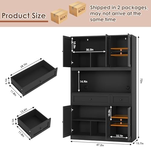 BOTLOG 72" Kitchen Pantry Cabinet Microwave Stand, 10 Storage Compartments