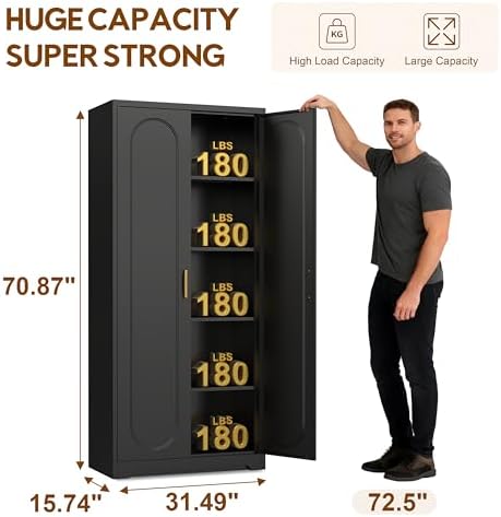 UNICOLY 71" Kitchen Pantry Cabinet, Kitchen Pantry Storage Cabinet with Doors and 4 Shelves, Metal Storage Cabinets for Laundry Room, Living Room, Dinning Room, Assembly Required, Black
