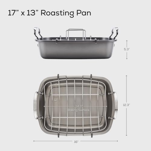 Circulon Total Bakeware Nonstick Roaster, Roasting Pan with Rack, 17-Inch x 13-Inch, Gray