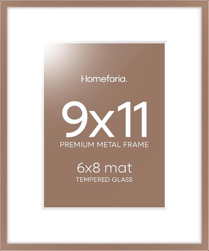 Homeforia 9x11 Mocha Frame, High End Metal 9 x 11 Picture Frames with Mat 6 by 8 inch Photo, 9by11 Thin Poster Frame Matted to 6x8 Print, 11x9 Wall or Tabletop Frame, Tempered Glass, Wall Kit, Set of 1