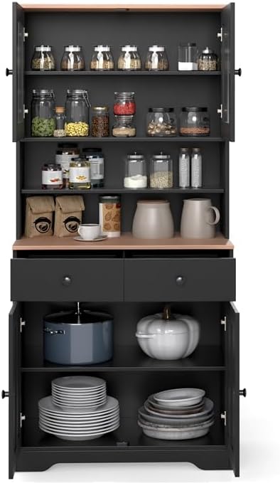 Tall Kitchen Pantry Cabinet, Freestanding Hutch Cabinet with 2 Adjustable Shelves, 2 Glass Doors & 3 Pull-Out Drawers, Wooden Buffet Hutch with Wine Rack, Countertop for Dining Room (Black)