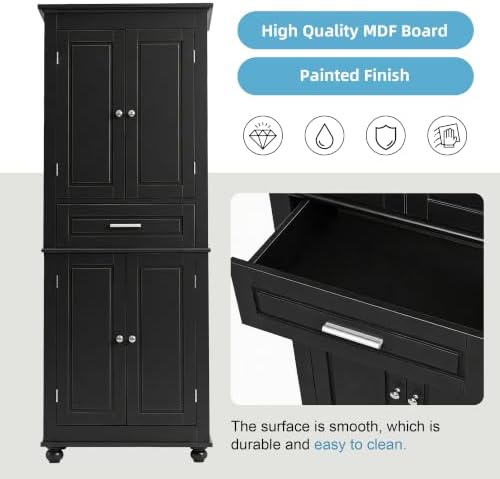 Merax 63" Pantry Cupboard with Four Doors & One Drawer, Bathroom Storage Cabinet with Adjustable Shelves for Home/Living Room/Dining Room/Kitchen, Black