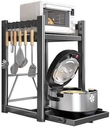 Adjustable 2-Tier Microwave Stand with Pull-Out Tray & 6 Hooks - Metal Kitchen Organizer Rack for Rice Cooker & Essentials - Space-Saving Storage Solution