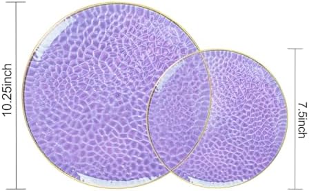 Rubtlamp 100Pcs Purple Gold Plastic Plates, Purple Disposable Plates With Gold Rim, Hammered Plastic plates Include 50 Clear Dessert Platos, 50 Dinner Platos for Party