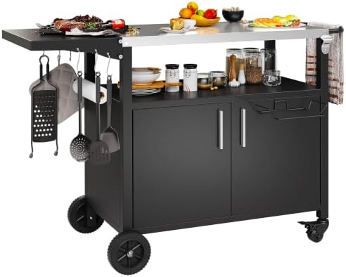 Shintenchi Outdoor Grill Cart Table with Stainless Steel Top,Black