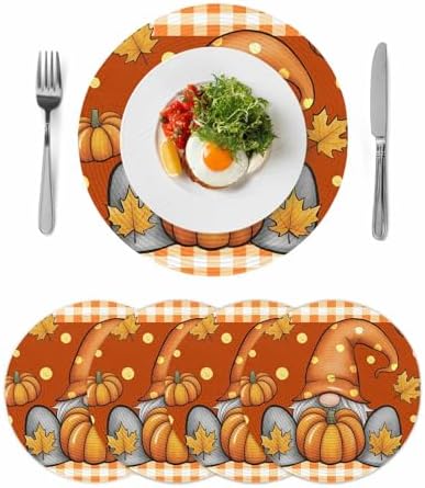 Fall Round Placemats Set of 4 Thanksgiving Pumpkin Gnome Place Mats Washable Woven Placemat Maple Leaf Orange Buffalo Plaid Circle Braided Table Mat for Kitchen Dining Holiday Party Fall Decor 15 Inch