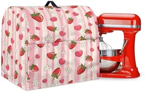 Cute Strawberry and Flower Stand Mixer Covers Compatible with 4.5-5 Quarts Kitchen Aid Stand Mixer Dust Protector Cover Organizers with Handle Pocket Pink