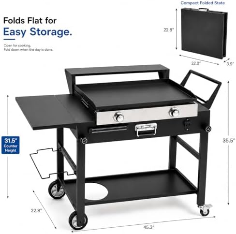 Grill Cart for Blackstone 17 and 22 Inch Griddle – 31.5" Tall Outdoor Griddle Table with Wheels, BBQ Prep Station with Side Shelf, Bar Top Shelf and Lower Storage, Foldable, Pizza Oven Compatible