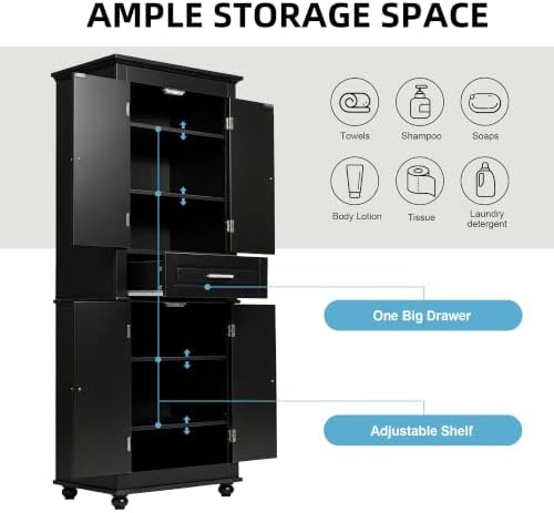 Merax 63" Pantry Cupboard with Four Doors & One Drawer, Bathroom Storage Cabinet with Adjustable Shelves for Home/Living Room/Dining Room/Kitchen, Black