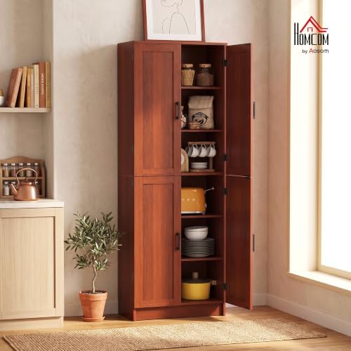 HOMCOM 67" Freestanding Kitchen Pantry 4-Door Cabinet Distressed Dark Brown