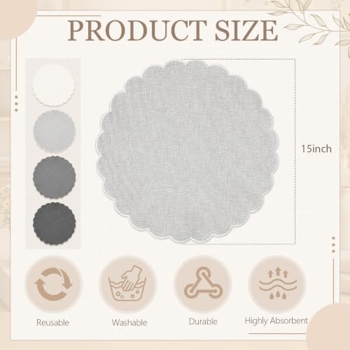 Set of 12 Gray Cotton Placemats 15" Round Scalloped