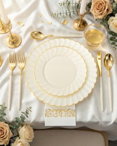 Ciaell 175 Piece Ivory and Gold Plastic Plates for Weddings Parties