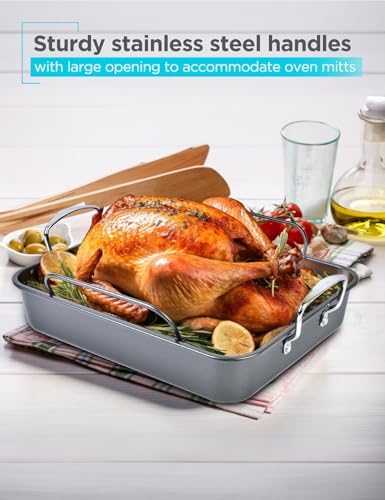BLACK+DECKER Carbon Steel Turkey Roasting Pan with U-Shaped Rack, BDK400B