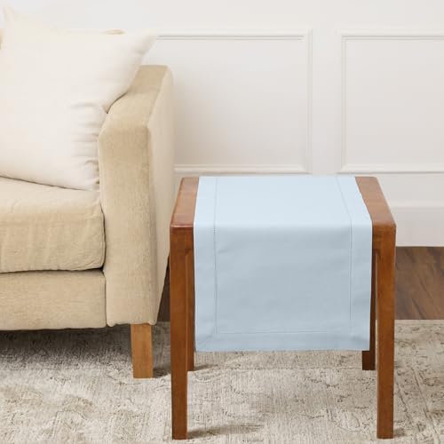 Solino Home Cotton Linen Table Runner Blue, Hemstitch Collection 14 x 36 in