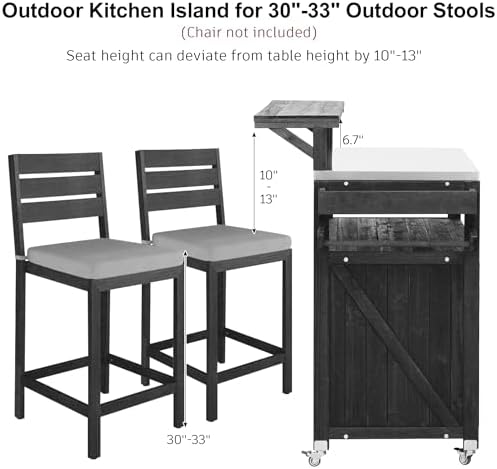 Merax 53.3" Outdoor Kitchen Island with Raised Shelf, Solid Wood Storage Cabinet with Stainless Steel Top, Rolling Grill Cart, Adjustable Shelf, Black