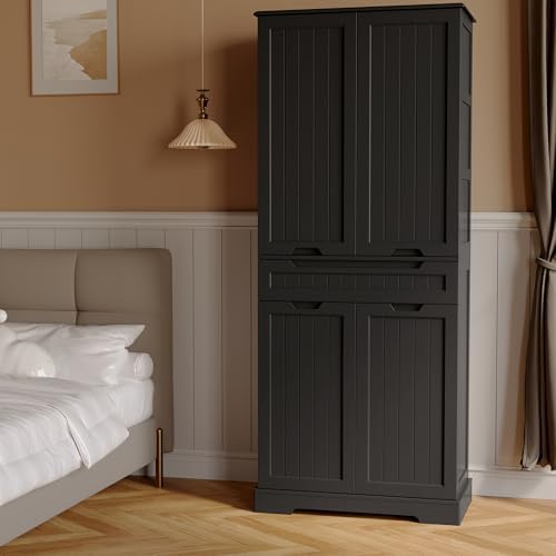 Gizoon Tall Kitchen Pantry Cabinet with Doors and Adjustable Shelves, Black