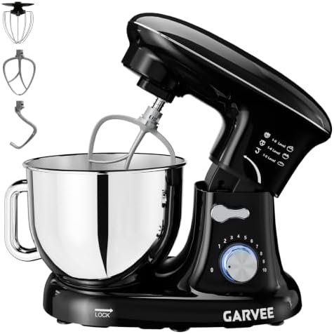 Garvee 5.3 QT Tilt-Head Stand Mixer, 500W Motor, 10-Speed Electric Kitchen Mixer with Stainless Steel Bowl, Dough Hook, Flat Beater & Wire Whisk for Bread Dough, Cake, Cookies & Pizza, Black